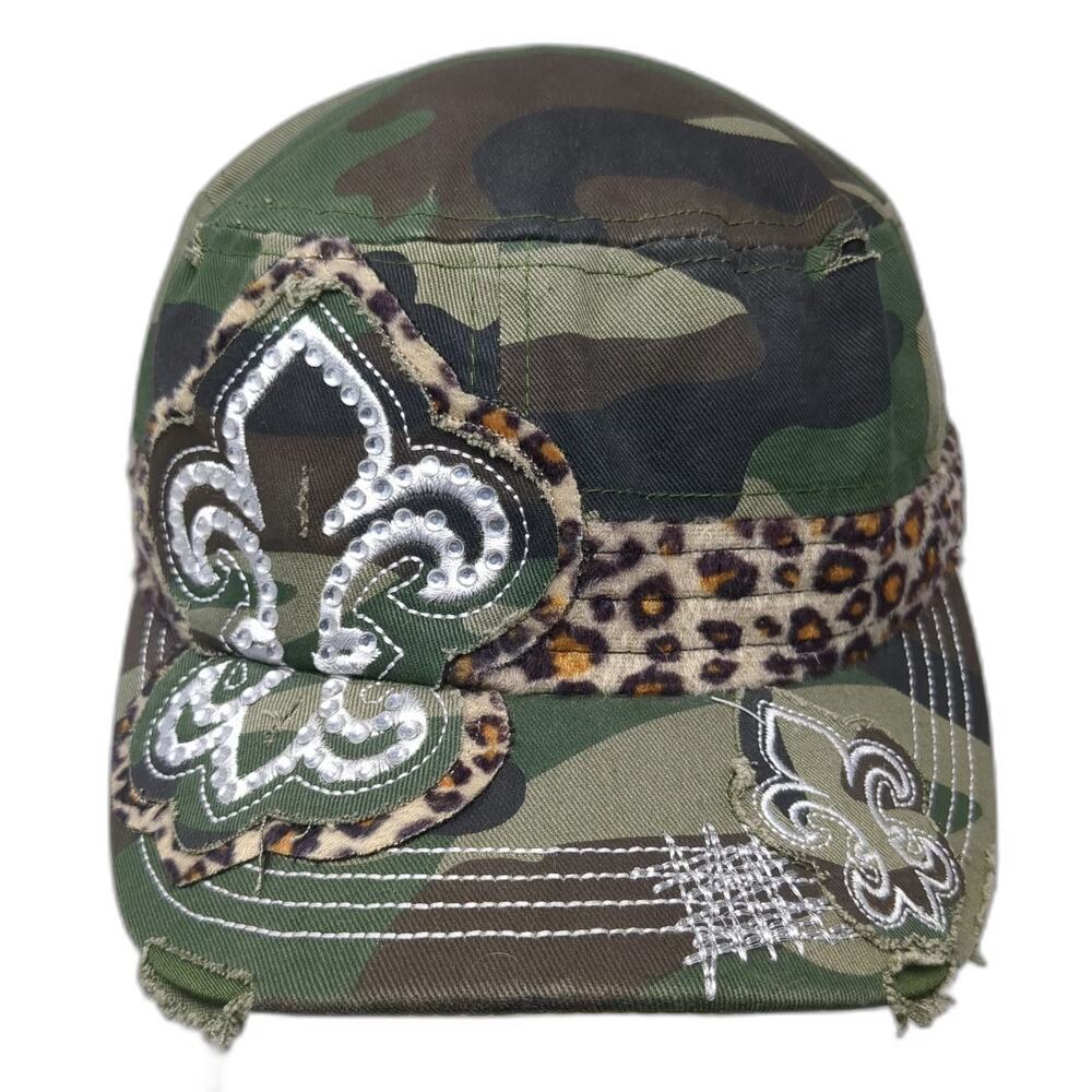Nexgen Army Cap Green Camo Fleur-De-Lis Leopard Rhinestone Sequin One Size Hat